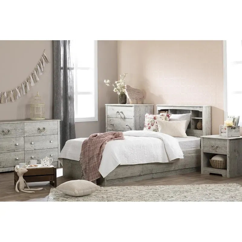 Kids Twin Mates Bed & Headboard Set with Storage – Seaside Pine / Blueberry, 1-Person
