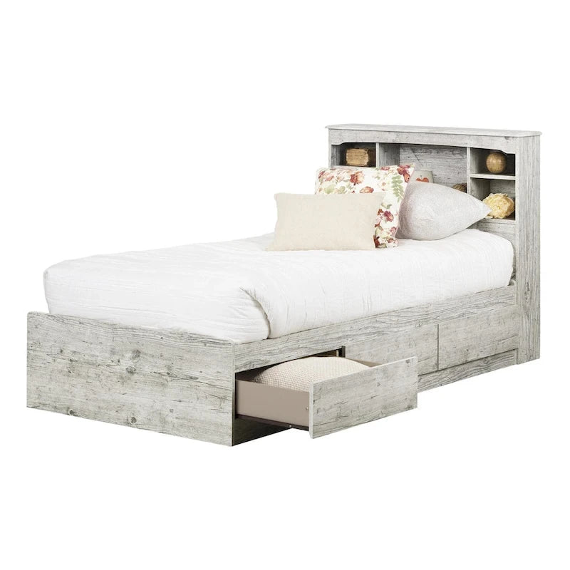 Kids Twin Mates Bed & Headboard Set with Storage – Seaside Pine / Blueberry, 1-Person