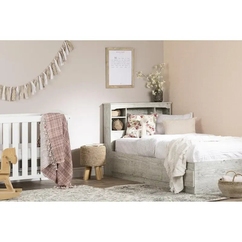 Kids Twin Mates Bed & Headboard Set with Storage – Seaside Pine / Blueberry, 1-Person