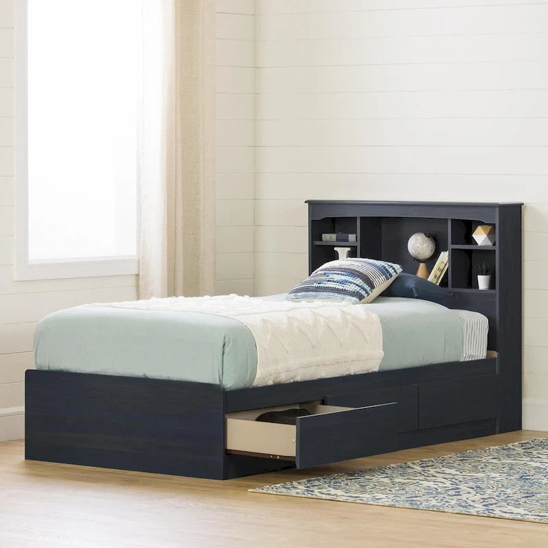 Kids Twin Mates Bed & Headboard Set with Storage – Seaside Pine / Blueberry, 1-Person