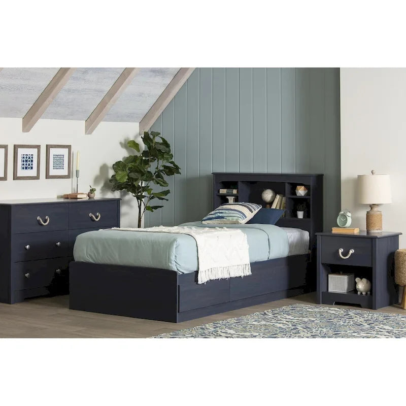 Kids Twin Mates Bed & Headboard Set with Storage – Seaside Pine / Blueberry, 1-Person