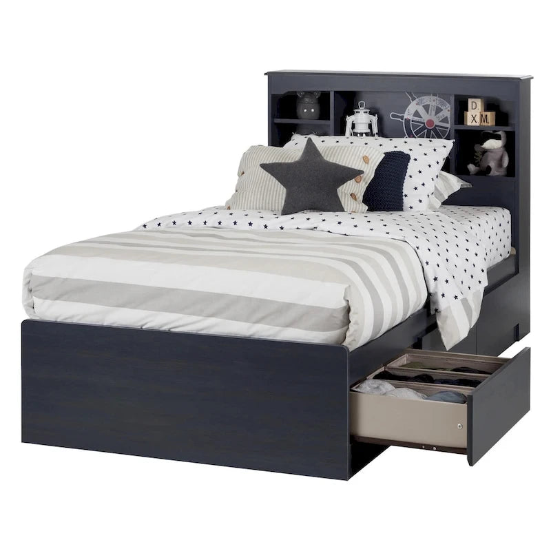 Kids Twin Mates Bed & Headboard Set with Storage – Seaside Pine / Blueberry, 1-Person