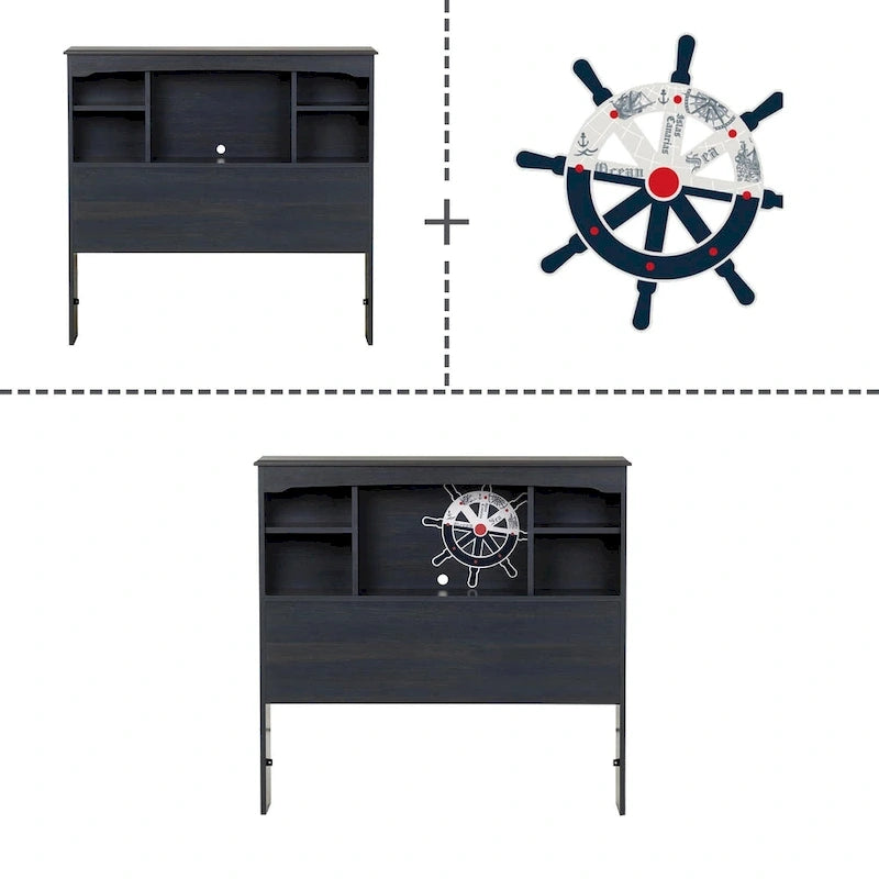 Kids Twin Mates Bed & Headboard Set with Storage – Seaside Pine / Blueberry, 1-Person