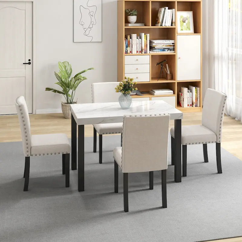 White Faux Marble Top Dining Table Set, Modern Style, Seats 4