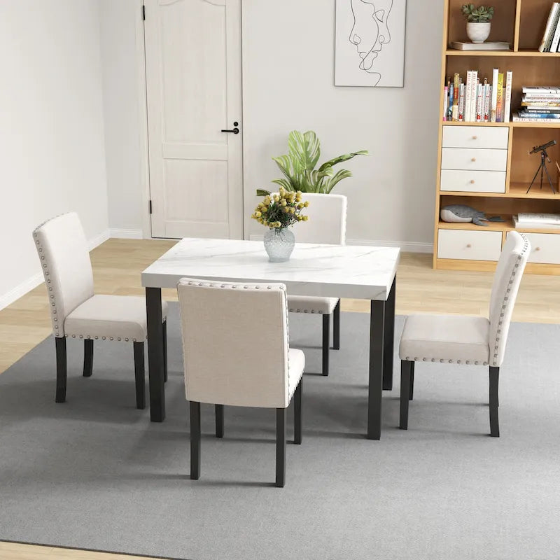 White Faux Marble Top Dining Table Set, Modern Style, Seats 4