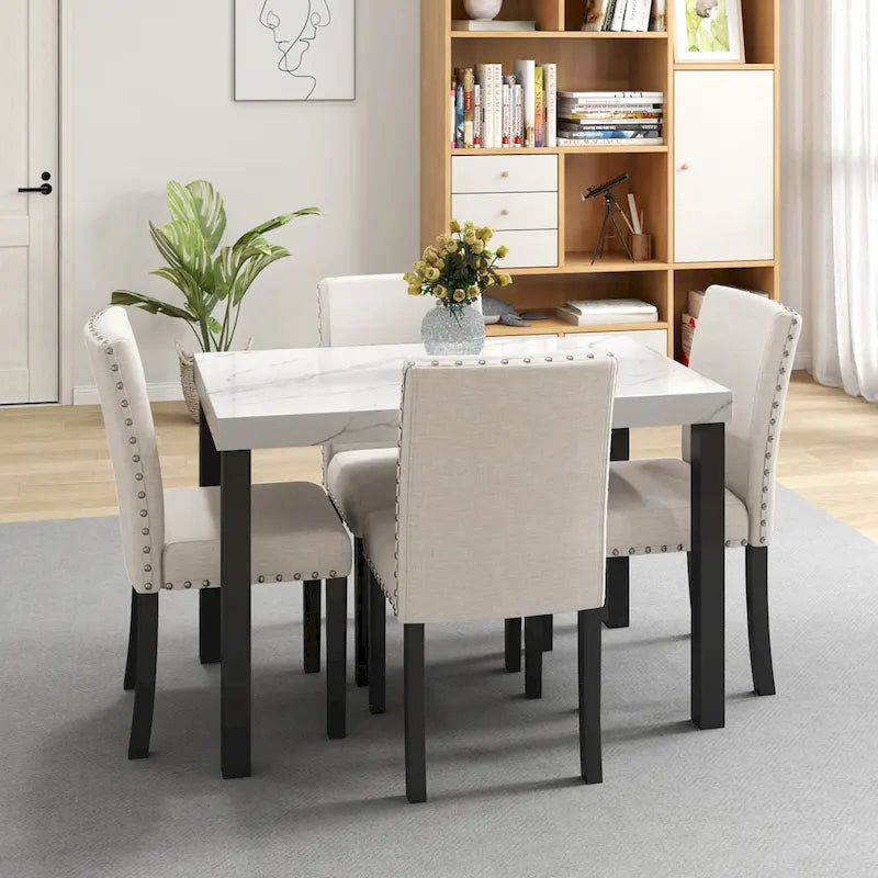 White Faux Marble Top Dining Table Set, Modern Style, Seats 4
