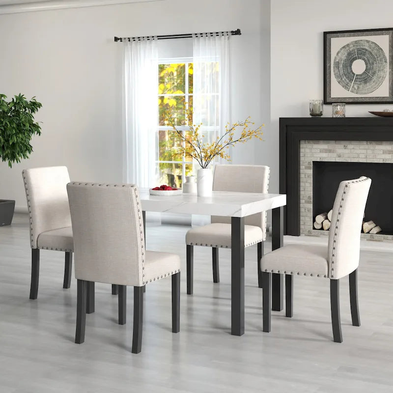 White Faux Marble Top Dining Table Set, Modern Style, Seats 4
