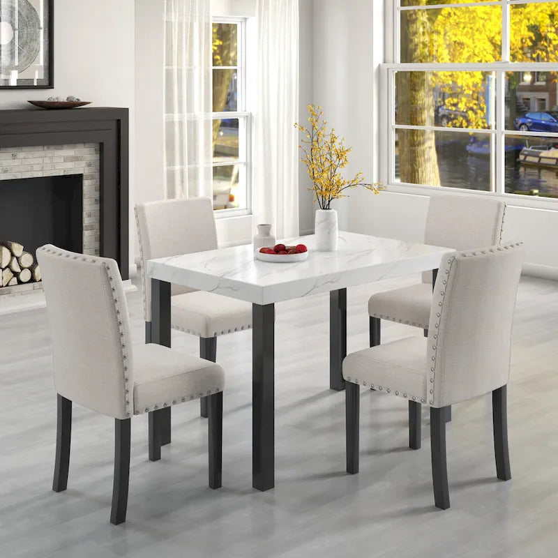 White Faux Marble Top Dining Table Set, Modern Style, Seats 4
