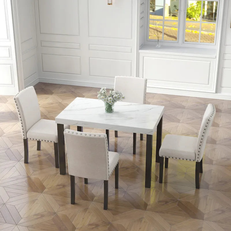 White Faux Marble Top Dining Table Set, Modern Style, Seats 4