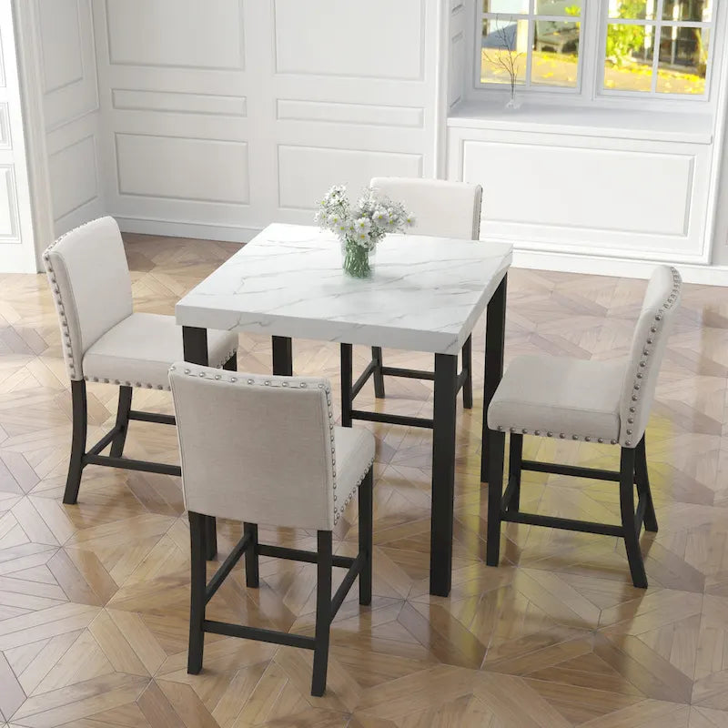 White Faux Marble Top Dining Table Set, Modern Style, Seats 4