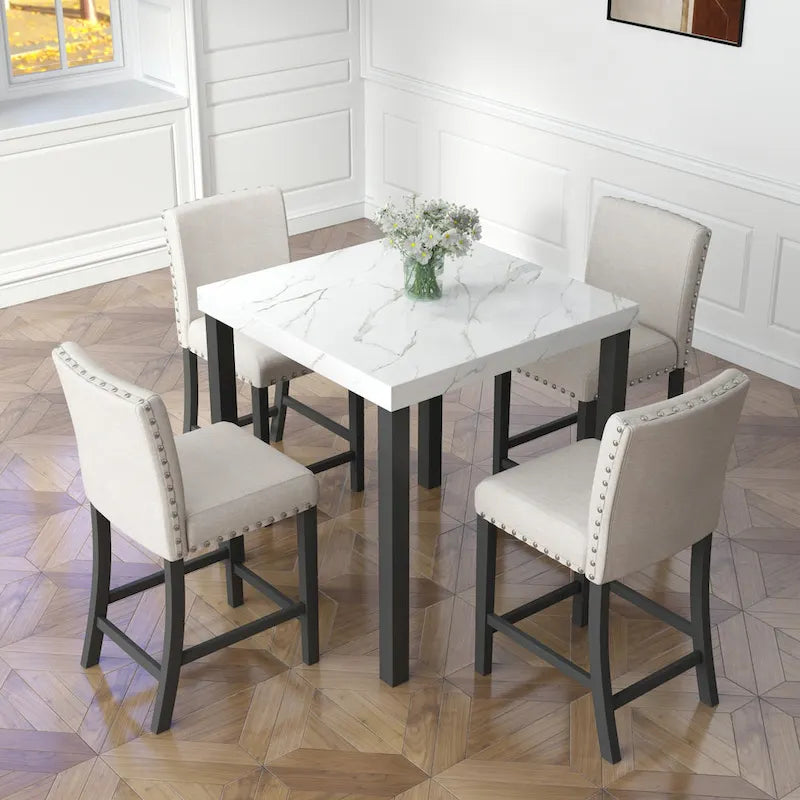 White Faux Marble Top Dining Table Set, Modern Style, Seats 4
