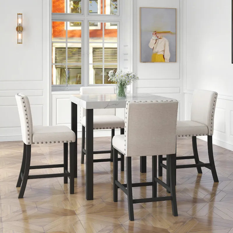 White Faux Marble Top Dining Table Set, Modern Style, Seats 4