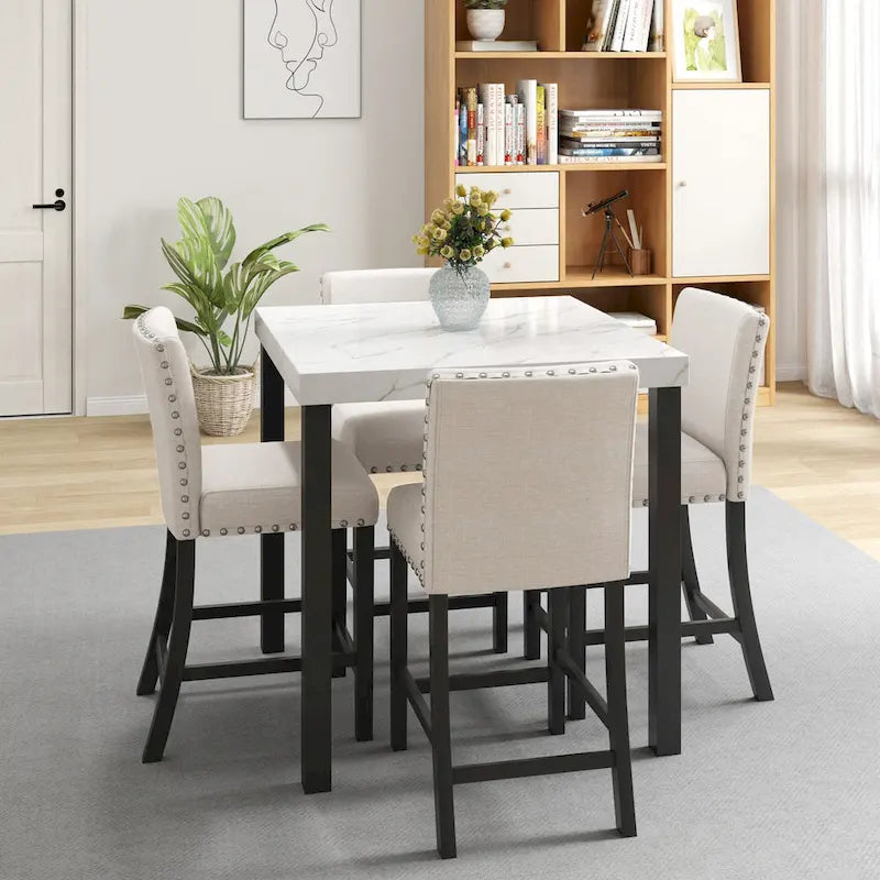 White Faux Marble Top Dining Table Set, Modern Style, Seats 4