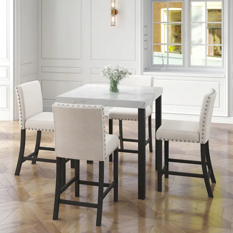 White Faux Marble Top Dining Table Set, Modern Style, Seats 4