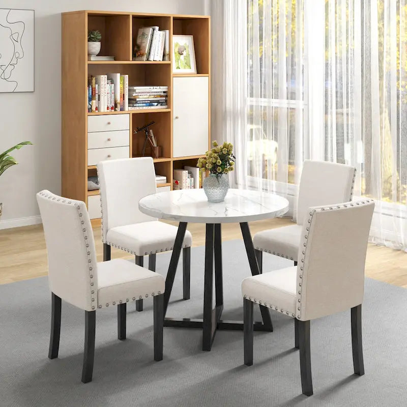 White Faux Marble Top Dining Table Set, Modern Style, Seats 4