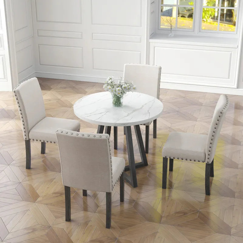 White Faux Marble Top Dining Table Set, Modern Style, Seats 4