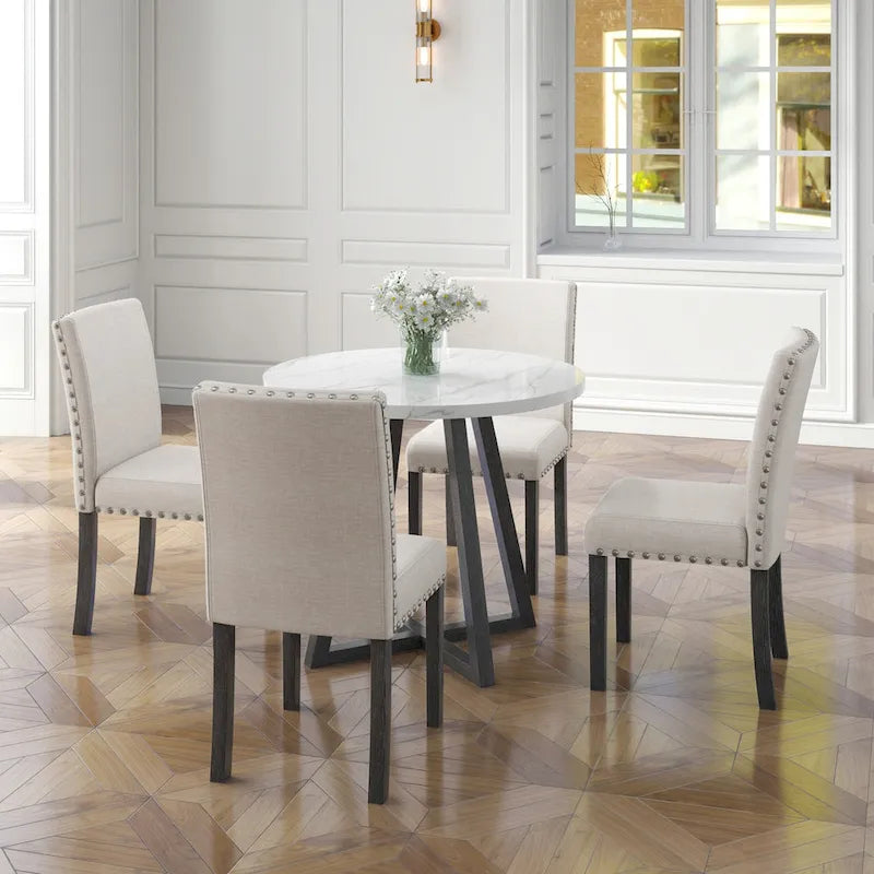 White Faux Marble Top Dining Table Set, Modern Style, Seats 4