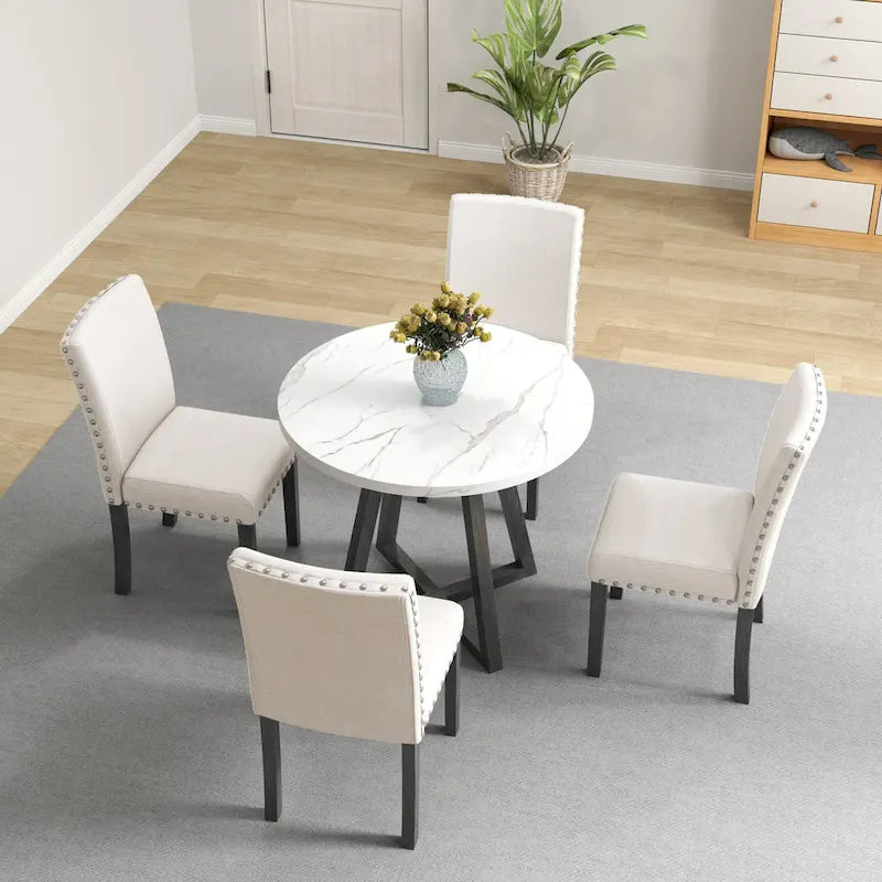 White Faux Marble Top Dining Table Set, Modern Style, Seats 4