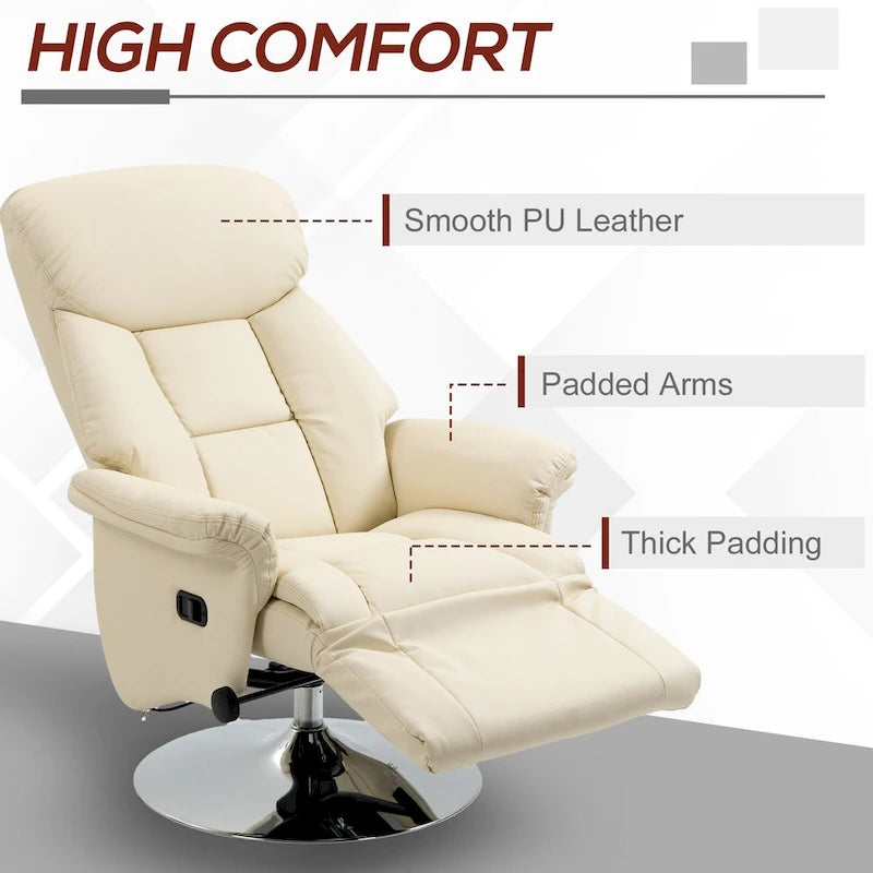 White Single-Seat Swivel Recliner with Footrest & PU Leather