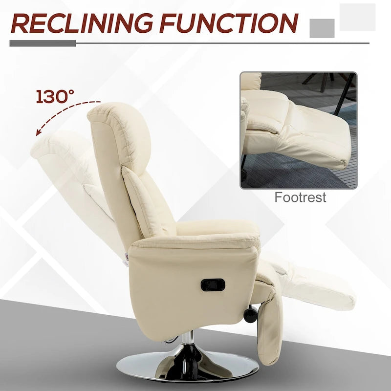 White Single-Seat Swivel Recliner with Footrest & PU Leather
