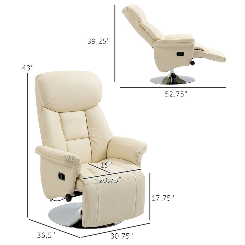 White Single-Seat Swivel Recliner with Footrest & PU Leather