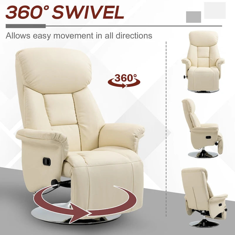 White Single-Seat Swivel Recliner with Footrest & PU Leather