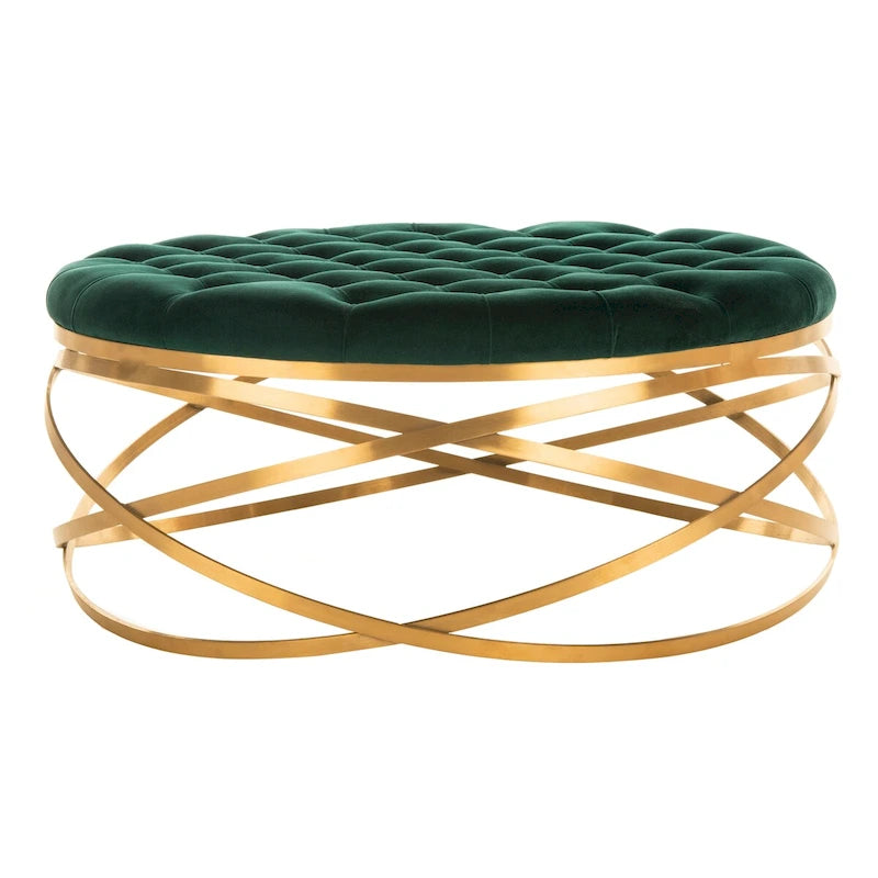 Tufted Velvet Ottoman with Gold Metal Frame, Emerald / Seafoam / Pale Taupe, 1-Seat