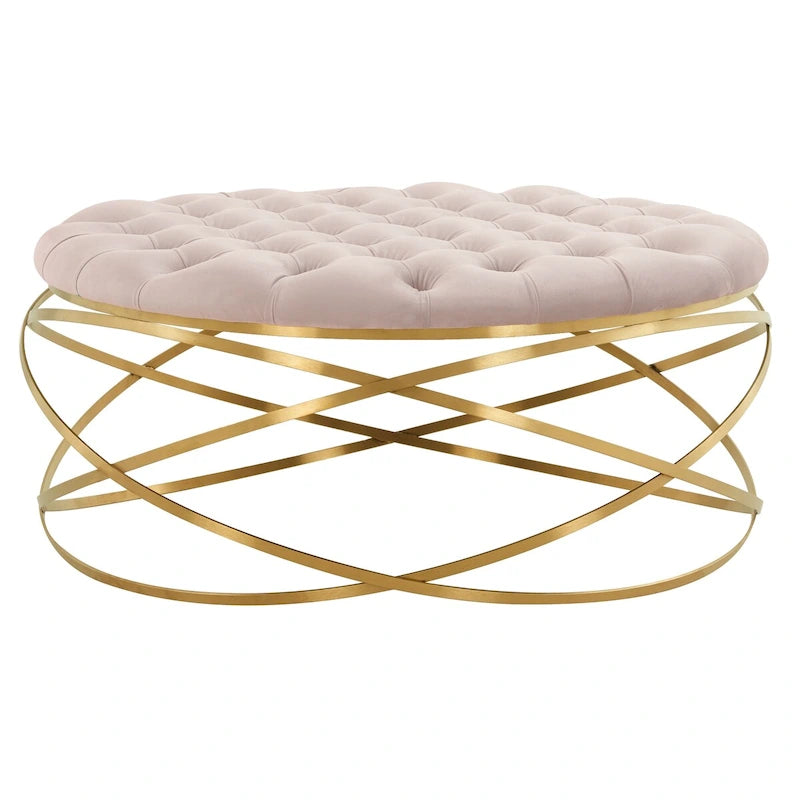 Tufted Velvet Ottoman with Gold Metal Frame, Emerald / Seafoam / Pale Taupe, 1-Seat