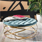 Tufted Velvet Ottoman with Gold Metal Frame, Emerald / Seafoam / Pale Taupe, 1-Seat