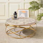 Tufted Velvet Ottoman with Gold Metal Frame, Emerald / Seafoam / Pale Taupe, 1-Seat