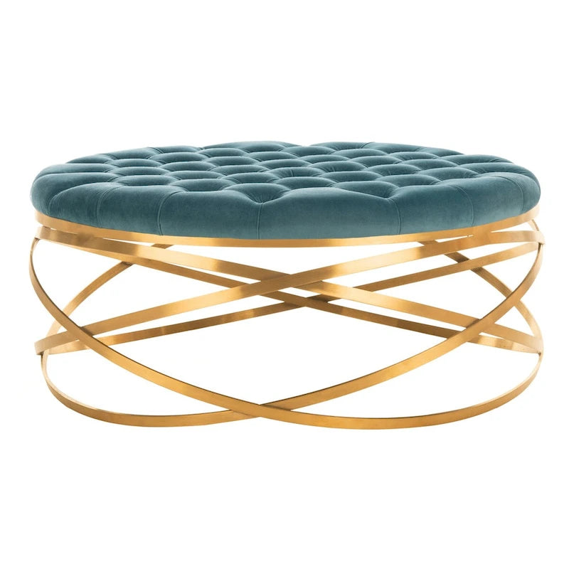 Tufted Velvet Ottoman with Gold Metal Frame, Emerald / Seafoam / Pale Taupe, 1-Seat