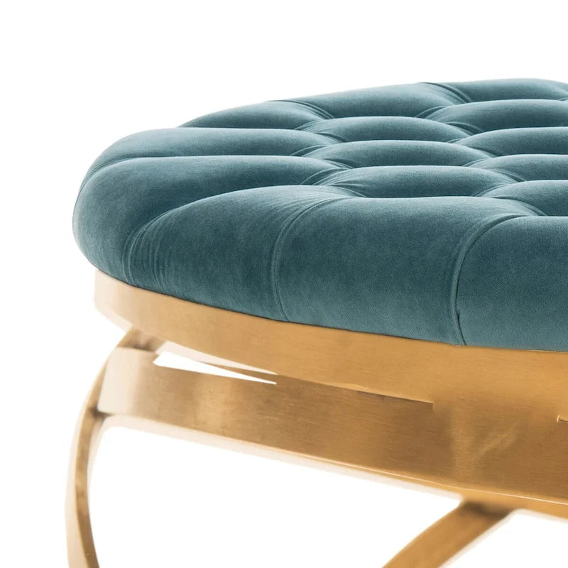 Tufted Velvet Ottoman with Gold Metal Frame, Emerald / Seafoam / Pale Taupe, 1-Seat