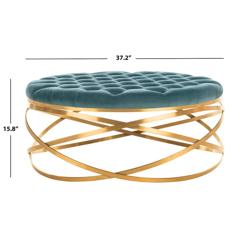 Tufted Velvet Ottoman with Gold Metal Frame, Emerald / Seafoam / Pale Taupe, 1-Seat