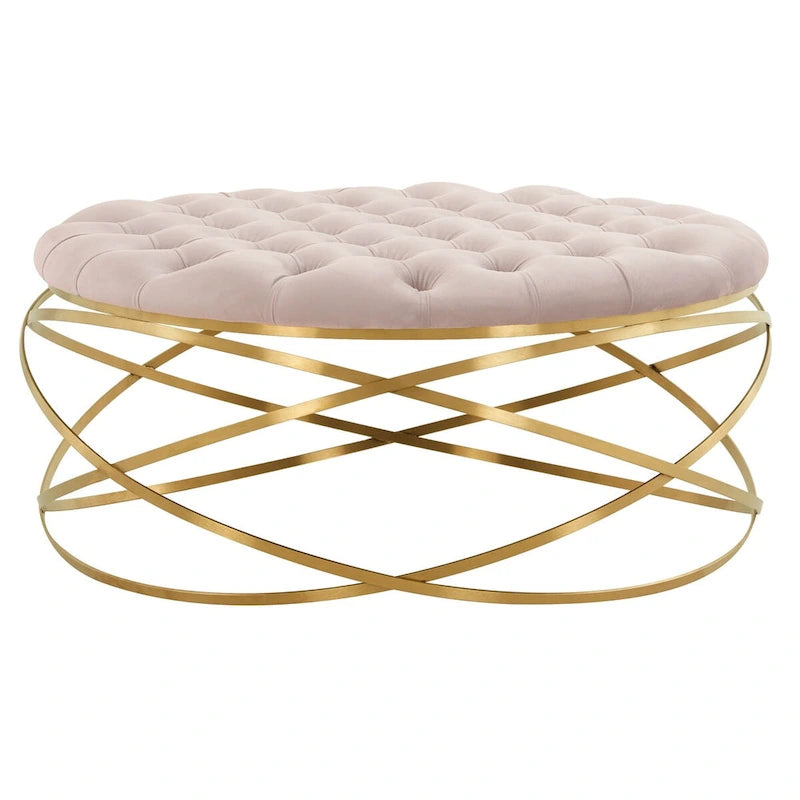 Tufted Velvet Ottoman with Gold Metal Frame, Emerald / Seafoam / Pale Taupe, 1-Seat