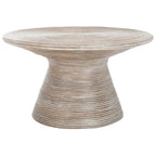 Grey White Wash Round Pedestal Coffee Table, Rattan & Metal, 1-Person, 31.5"W x 31.5"L x 17.7"H