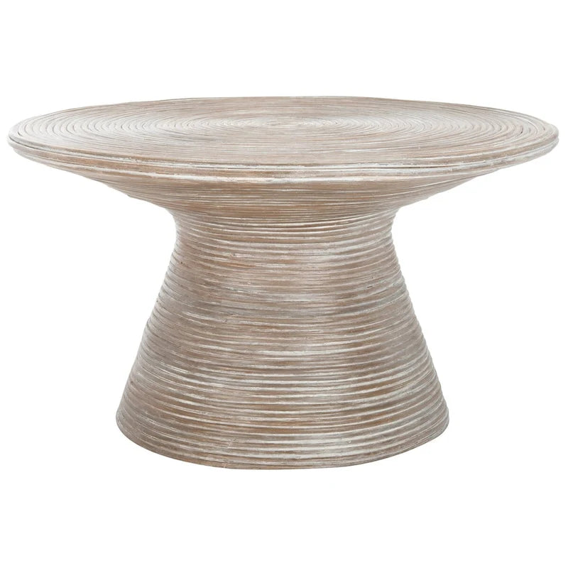 Grey White Wash Round Pedestal Coffee Table, Rattan & Metal, 1-Person, 31.5"W x 31.5"L x 17.7"H