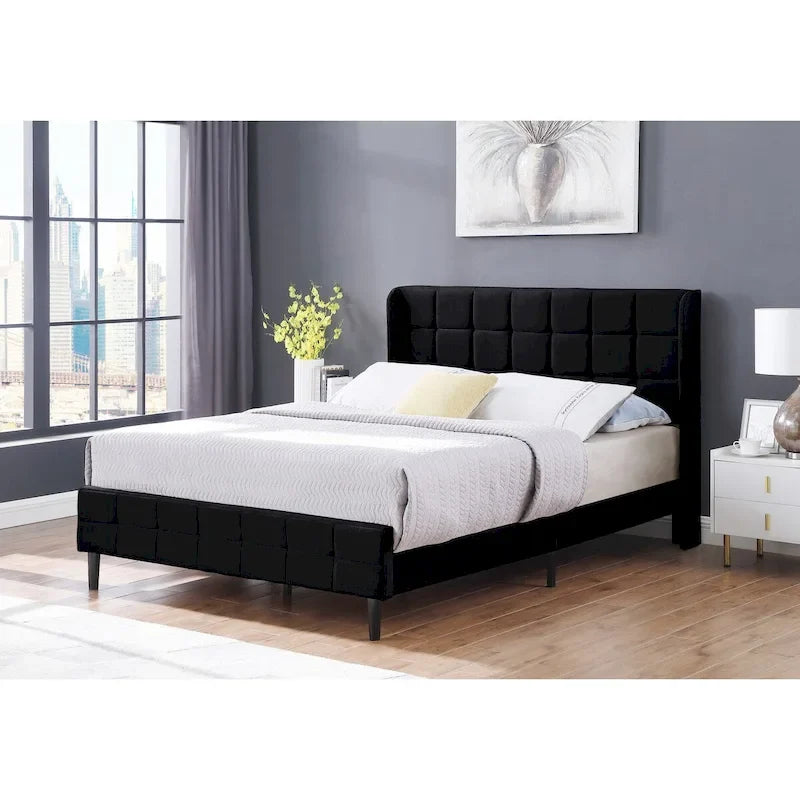 Velvet Wingback Platform Bed Frame with Headboard & Footboard, Black/Cream, Queen/King