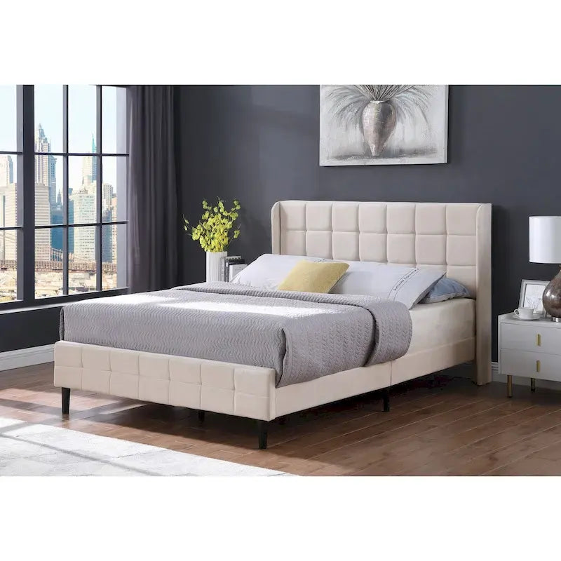 Velvet Wingback Platform Bed Frame with Headboard & Footboard, Black/Cream, Queen/King