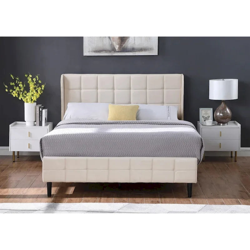 Velvet Wingback Platform Bed Frame with Headboard & Footboard, Black/Cream, Queen/King