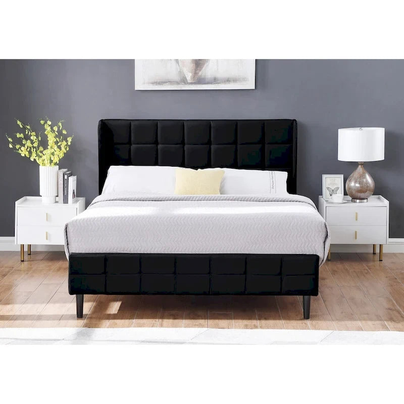 Velvet Wingback Platform Bed Frame with Headboard & Footboard, Black/Cream, Queen/King