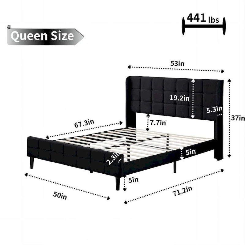 Velvet Wingback Platform Bed Frame with Headboard & Footboard, Black/Cream, Queen/King