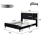 Velvet Wingback Platform Bed Frame with Headboard & Footboard, Black/Cream, Queen/King