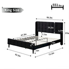 Velvet Wingback Platform Bed Frame with Headboard & Footboard, Black/Cream, Queen/King