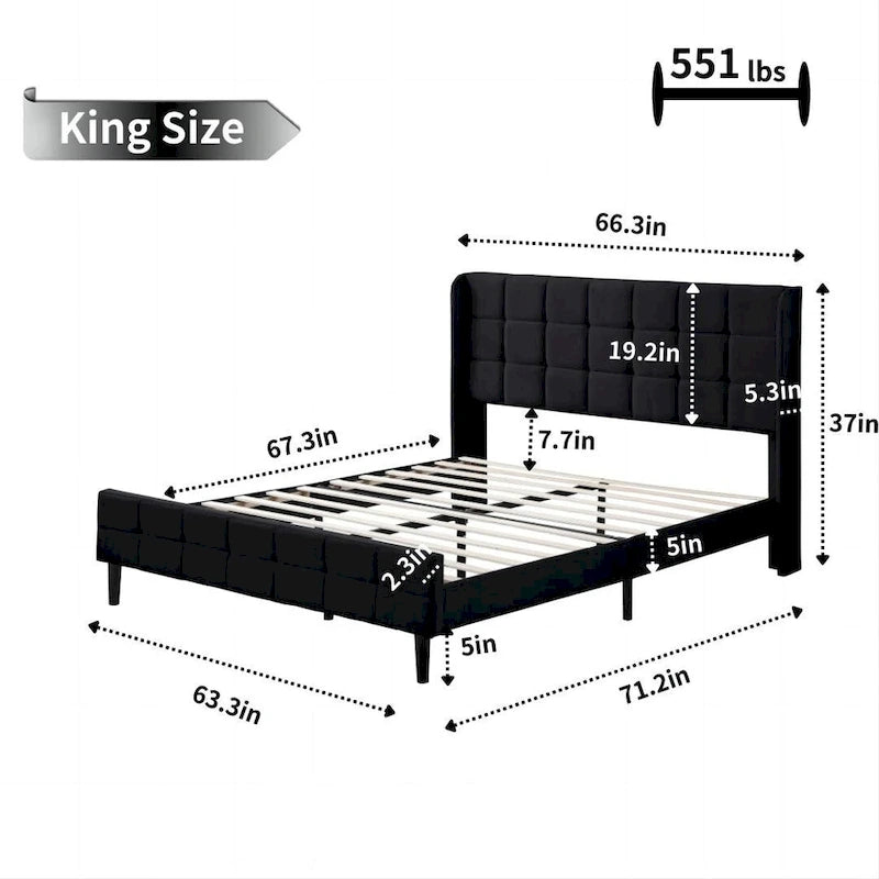 Velvet Wingback Platform Bed Frame with Headboard & Footboard, Black/Cream, Queen/King