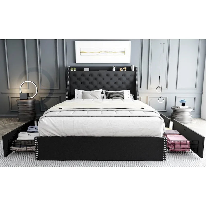 Black & Grey Velvet Tufted Wingback Bed Frame with Storage & Charging, Full/Queen, 2-Person