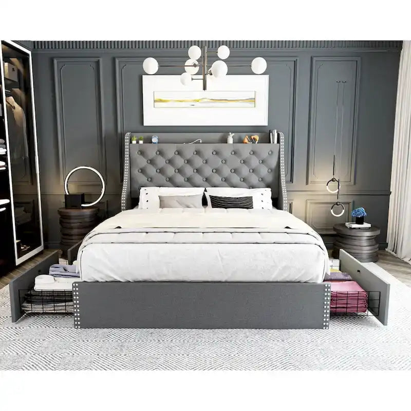 Black & Grey Velvet Tufted Wingback Bed Frame with Storage & Charging, Full/Queen, 2-Person