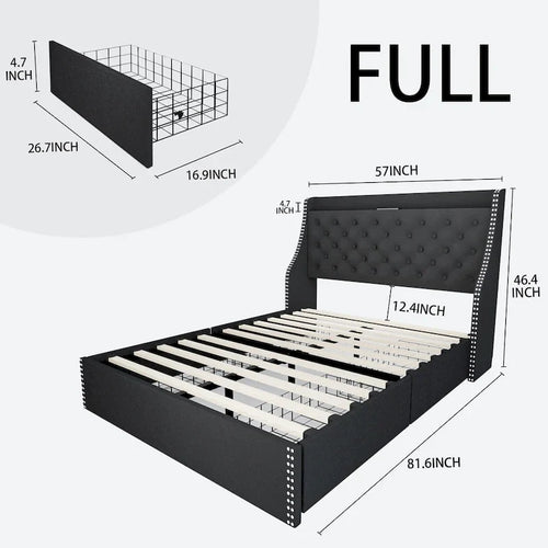 Black & Grey Velvet Tufted Wingback Bed Frame with Storage & Charging, Full/Queen, 2-Person