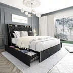 Black & Grey Velvet Tufted Wingback Bed Frame with Storage & Charging, Full/Queen, 2-Person