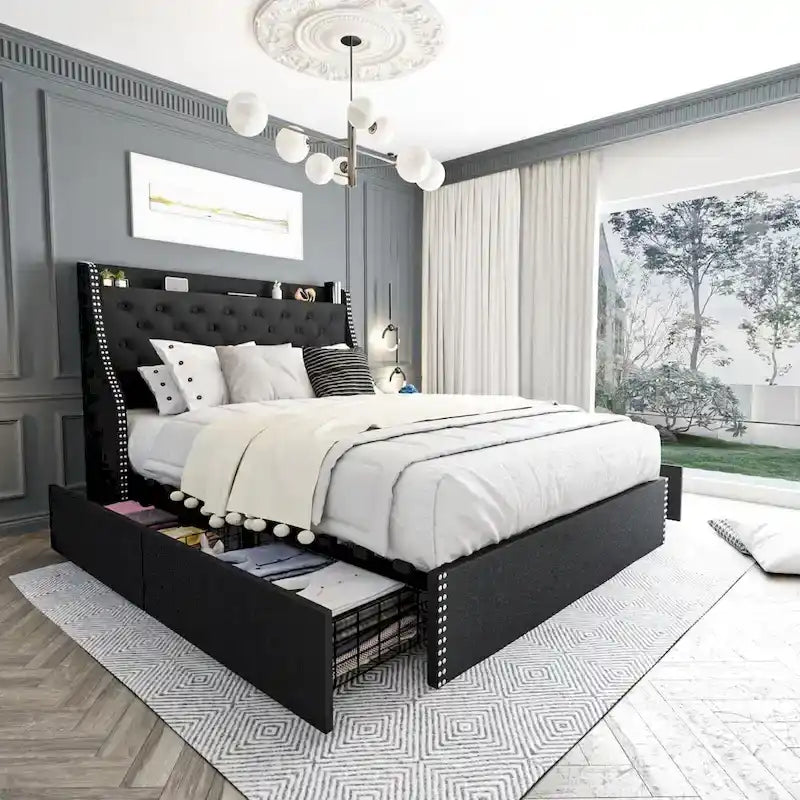 Black & Grey Velvet Tufted Wingback Bed Frame with Storage & Charging, Full/Queen, 2-Person