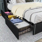 Black & Grey Velvet Tufted Wingback Bed Frame with Storage & Charging, Full/Queen, 2-Person